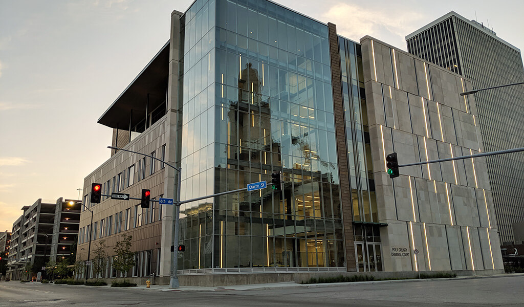 The front facade of the new Polk County Criminal Court Building.