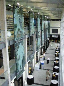 Atrium of the University of Iowa Hall of Fame as the open house is set up