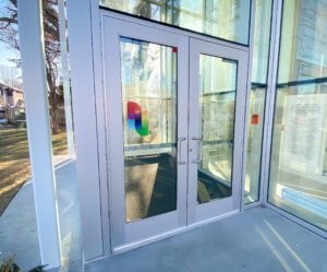 glass doors to the Lauridsen Opera Center